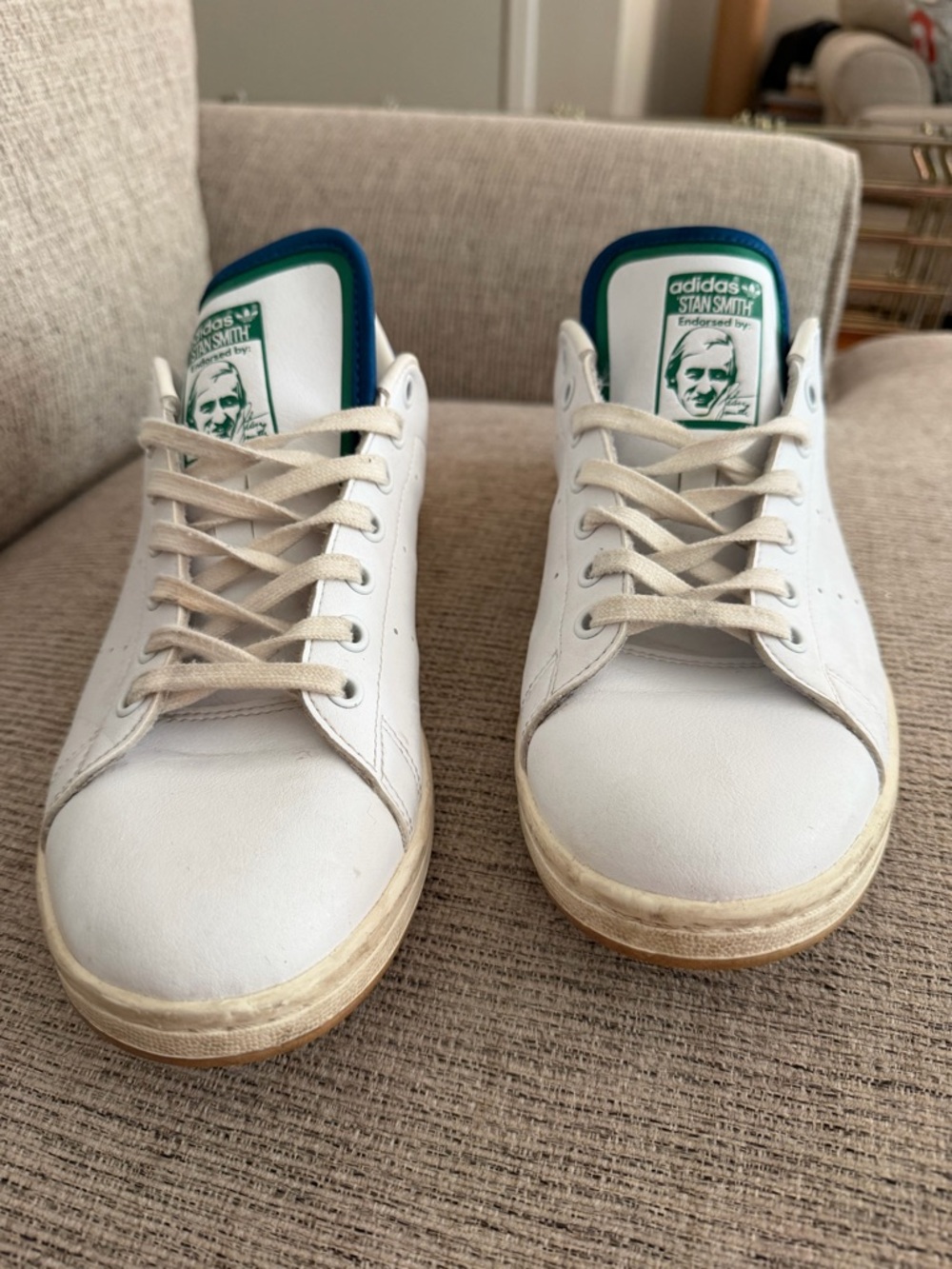 Adidas Stan Smith White Leather Sneakers with Green and Blue Trim